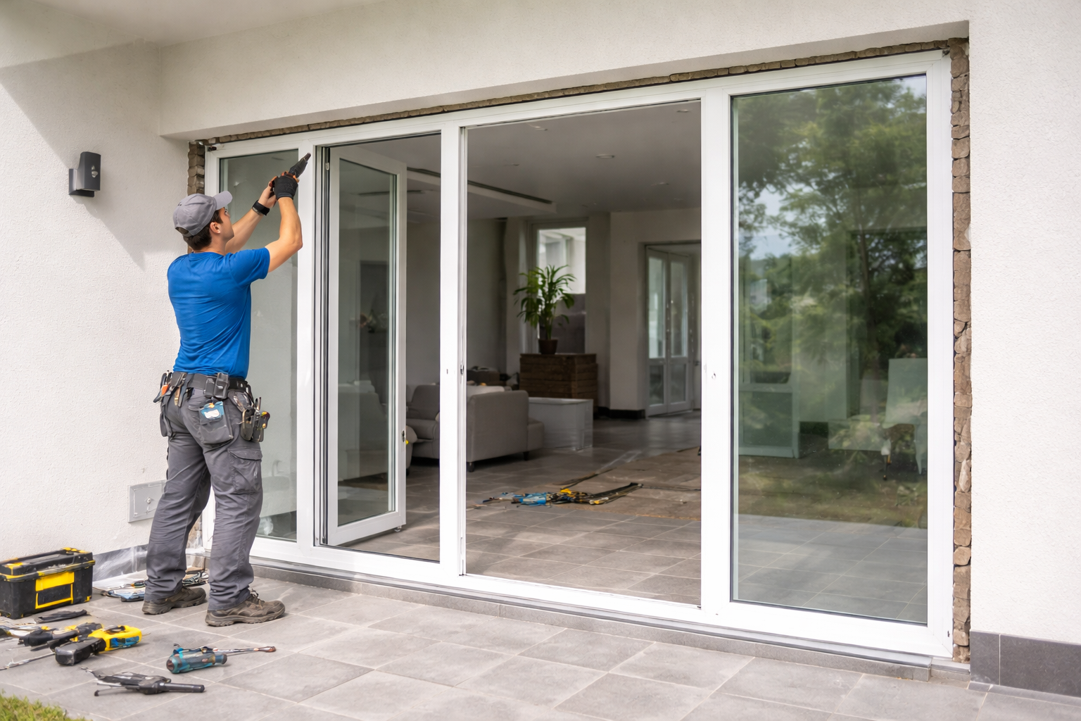 Tukang profesional sedang memasang kusen pintu UPVC putih menggunakan peralatan bor modern di rumah minimalis.