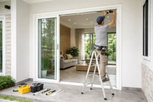 Proses instalasi pintu sliding UPVC menggunakan kerangka baja galvanis yang kuat.