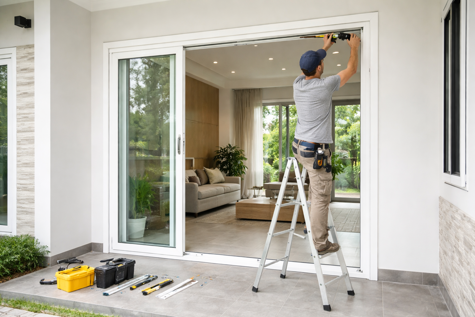 Proses instalasi pintu sliding UPVC menggunakan kerangka baja galvanis yang kuat.