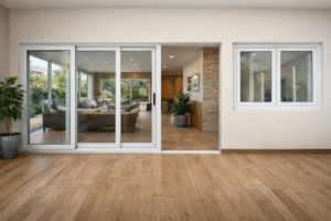 Pintu sliding UPVC minimalis warna putih untuk akses taman belakang rumah yang elegan.