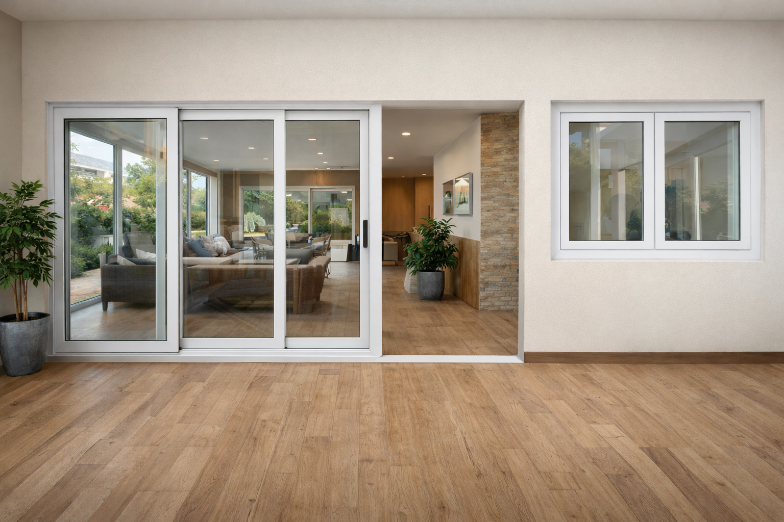 Pintu sliding UPVC minimalis warna putih untuk akses taman belakang rumah yang elegan.