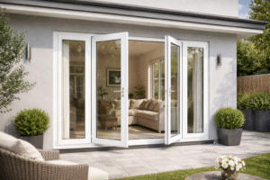 Pemasangan kusen UPVC pintu modern pada rumah minimalis dengan desain rapi dan tampilan elegan.