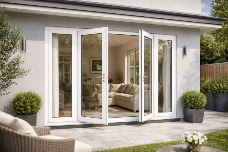 Pemasangan kusen UPVC pintu modern pada rumah minimalis dengan desain rapi dan tampilan elegan.