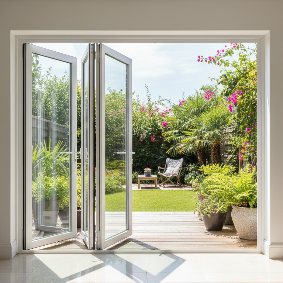 Pintu lipat UPVC minimalis warna putih terpasang di ruang tamu modern menghadap taman belakang.
