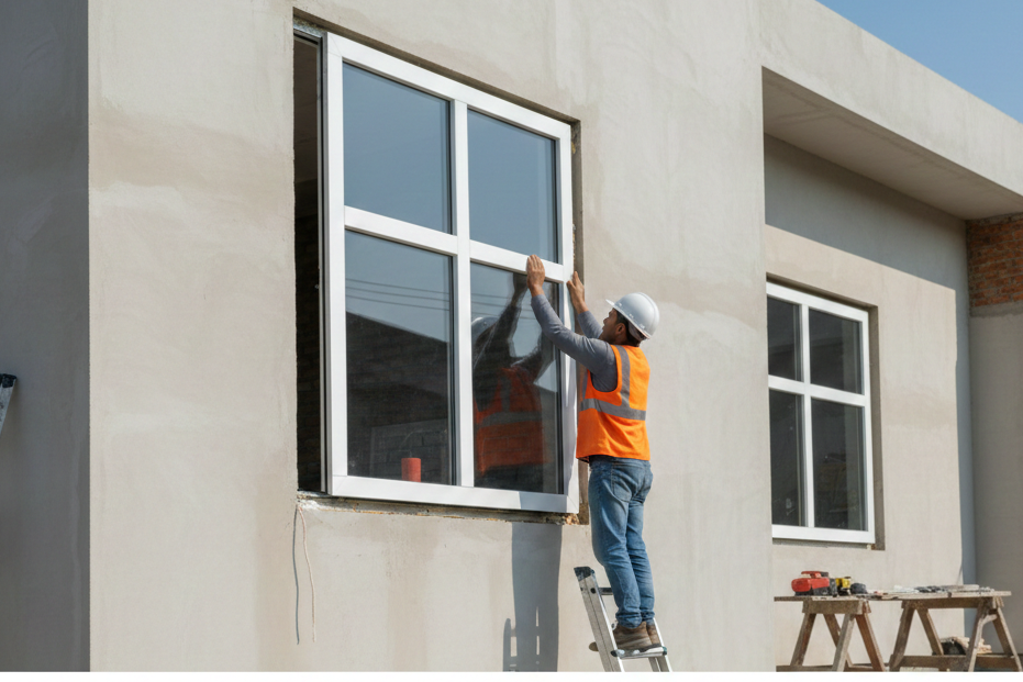 Pemasangan jendela UPVC putih minimalis pada ruang tamu rumah modern.
