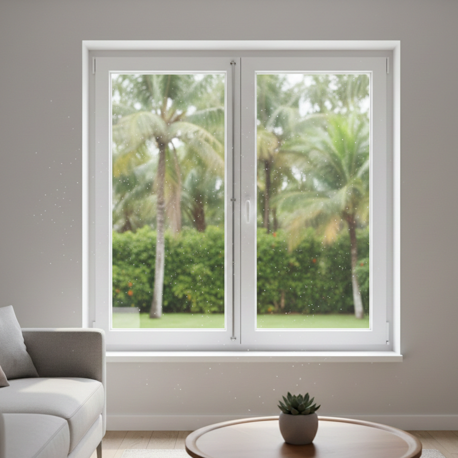 Pemasangan jendela dan pintu kusen UPVC murah berkualitas warna putih untuk desain interior rumah minimalis modern.