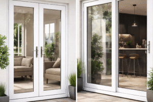 Pemasangan kusen pintu kaca UPVC warna putih yang kokoh dan elegan