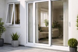 Pemasangan pintu UPVC custom model minimalis berwarna putih di perumahan kawasan Tambun Bekasi yang elegan dan kokoh.