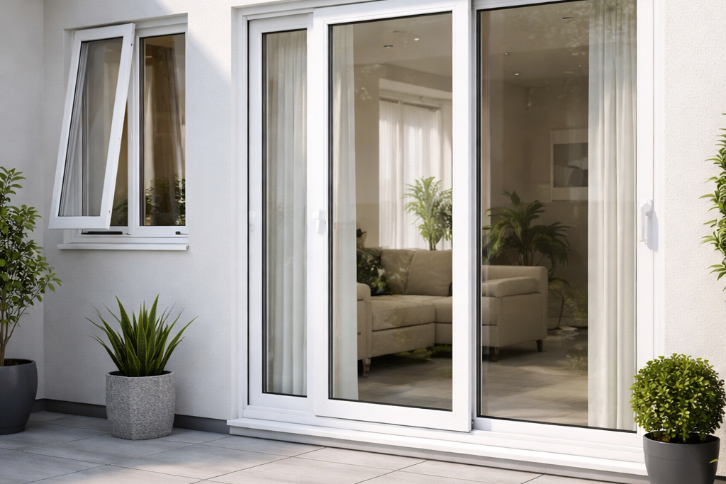 Pemasangan pintu UPVC custom model minimalis berwarna putih di perumahan kawasan Tambun Bekasi yang elegan dan kokoh.