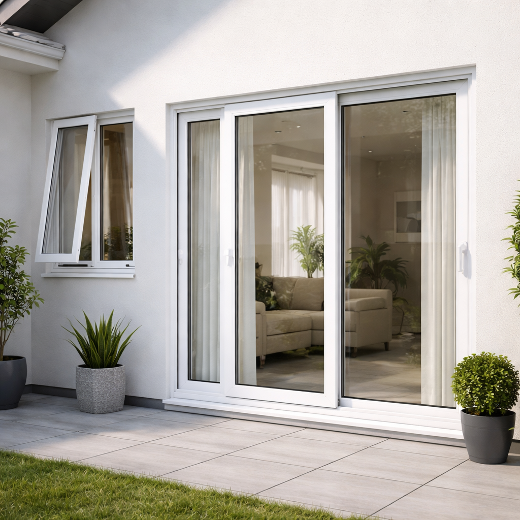 Pintu dan jendela UPVC modern berwarna putih terpasang rapi pada rumah minimalis