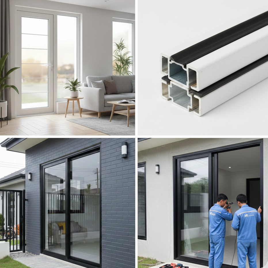 Tim teknisi profesional sedang melakukan pemasangan kusen UPVC di rumah pelanggan.