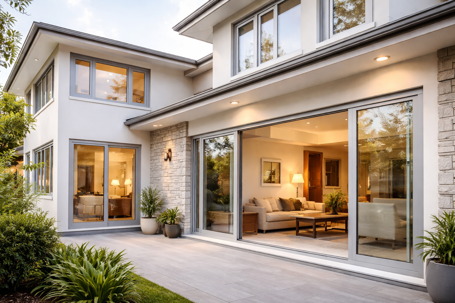 Pekerja profesional sedang memasang pintu UPVC putih model minimalis yang kokoh dan elegan di sebuah perumahan Cibitung.