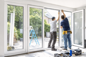 Tukang sedang memasang jendela UPVC putih yang presisi di sebuah perumahan di kawasan Cibitung Bekasi.