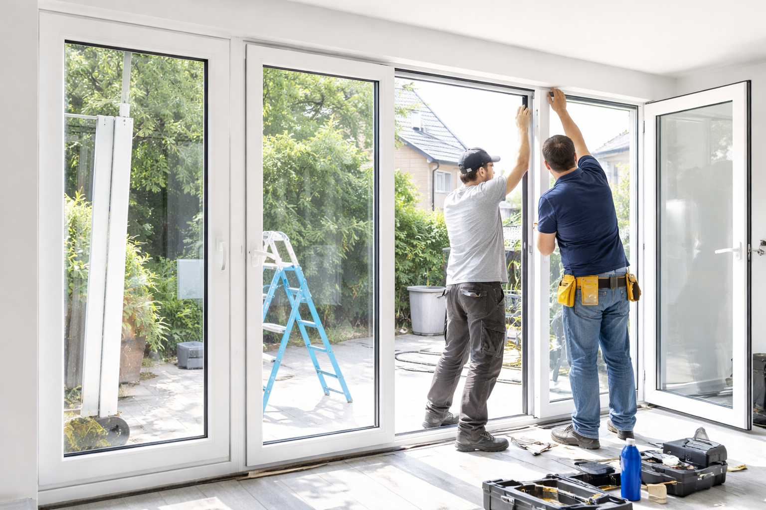 Tukang sedang memasang jendela UPVC putih yang presisi di sebuah perumahan di kawasan Cibitung Bekasi.