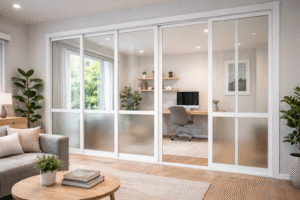 Desain kusen pintu partisi UPVC minimalis untuk ruang tamu modern.