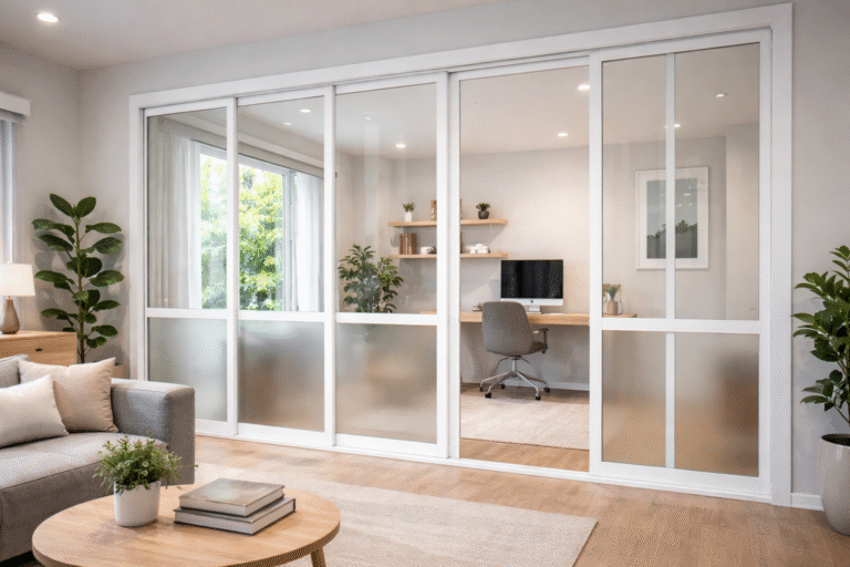 Desain kusen pintu partisi UPVC minimalis untuk ruang tamu modern.