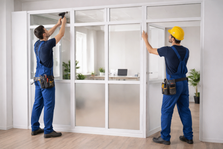 Proses pemasangan pintu UPVC oleh tukang profesional dengan hasil rapi, presisi, dan tampilan modern pada rumah