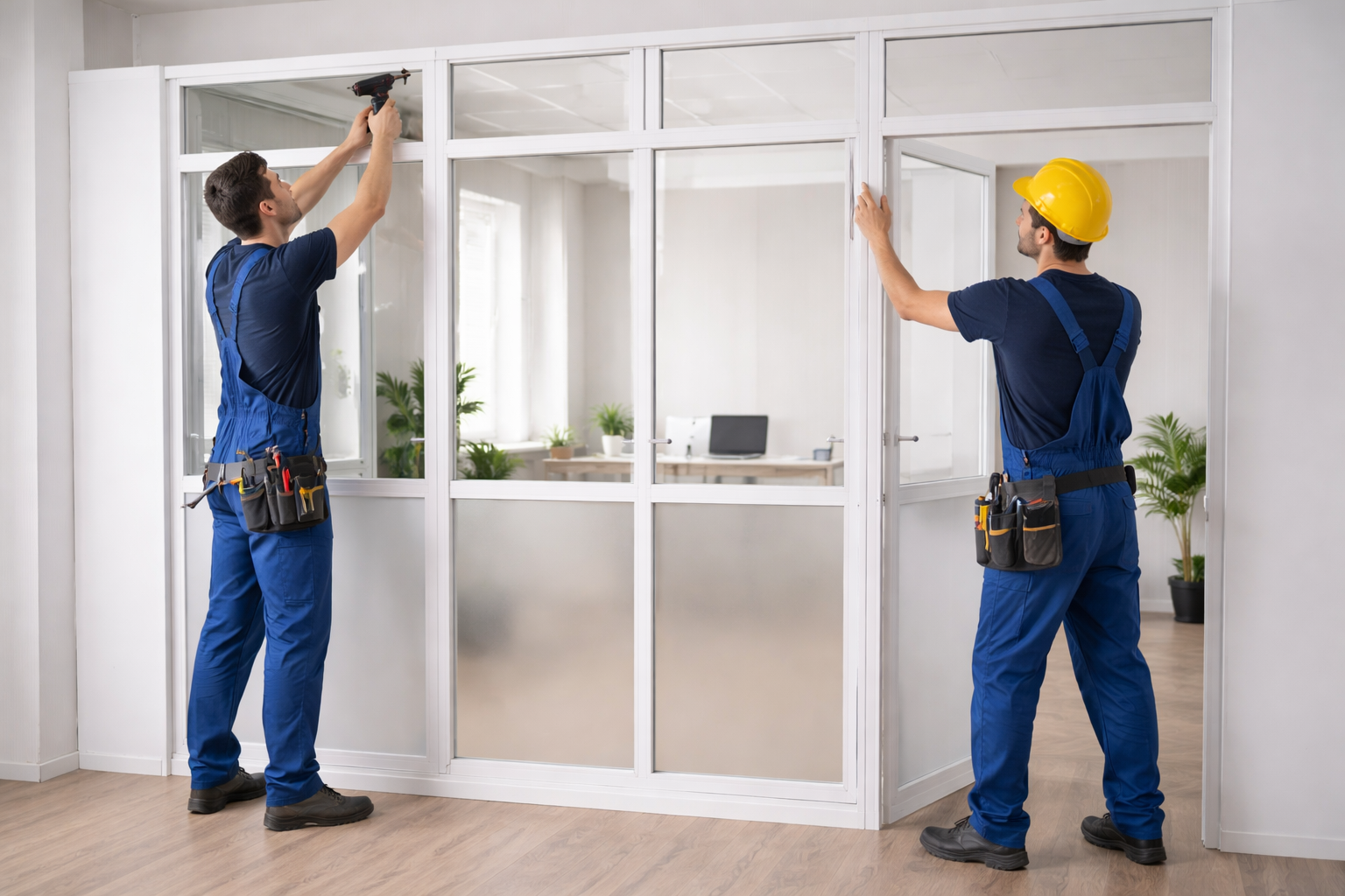 Proses pemasangan pintu UPVC oleh tukang profesional dengan hasil rapi, presisi, dan tampilan modern pada rumah