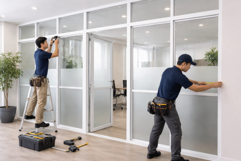 Instalasi jendela dengan kusen UPVC berkualitas warna putih pada bangunan rumah minimalis modern.