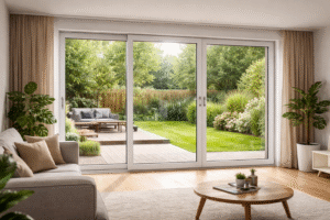 Pintu sliding UPVC minimalis warna putih untuk akses taman belakang rumah yang elegan.