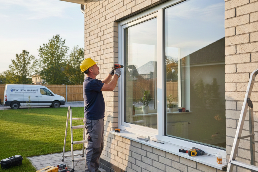 Pemasangan jendela UPVC sliding custom untuk akses balkon rumah modern.