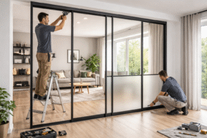 Pintu partisi UPVC model lipat minimalis terpasang rapi di hunian mewah kawasan Tambun.