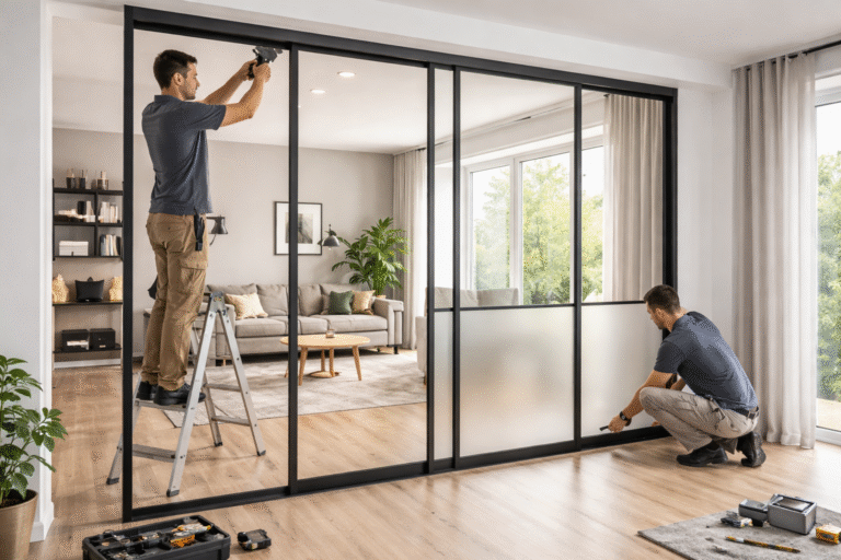 Pintu partisi UPVC model lipat minimalis terpasang rapi di hunian mewah kawasan Tambun.