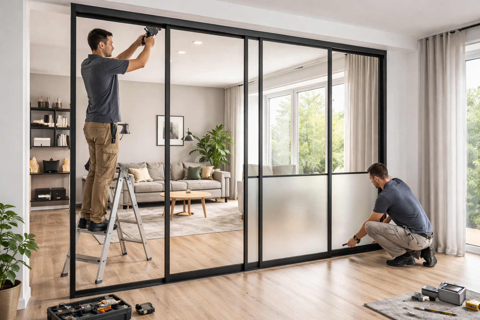 Pintu partisi UPVC model lipat minimalis terpasang rapi di hunian mewah kawasan Tambun.