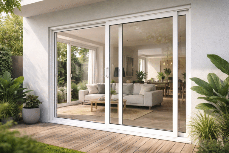 Pemasangan jendela sliding UPVC putih minimalis yang elegan dan kedap suara untuk ruang tamu rumah modern.