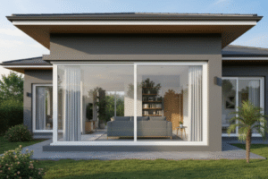 Kusen pintu custom UPVC dengan desain modern terpasang rapi pada rumah minimalis tampilan bersih dan elegan