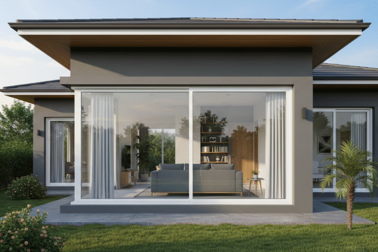 Kusen pintu custom UPVC dengan desain modern terpasang rapi pada rumah minimalis tampilan bersih dan elegan