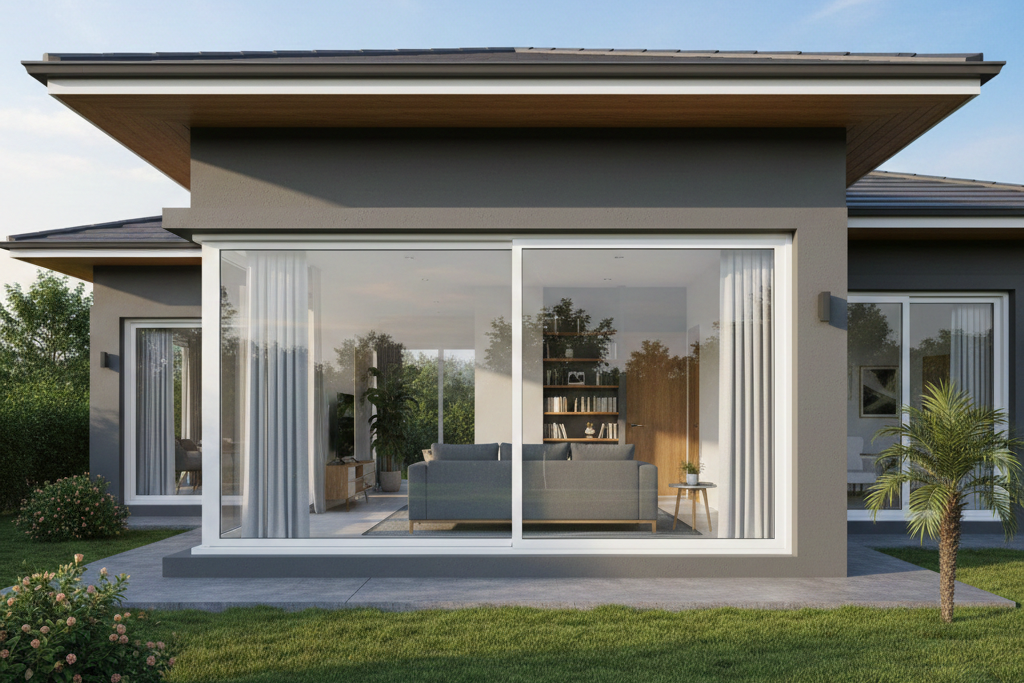 Kusen pintu custom UPVC dengan desain modern terpasang rapi pada rumah minimalis tampilan bersih dan elegan