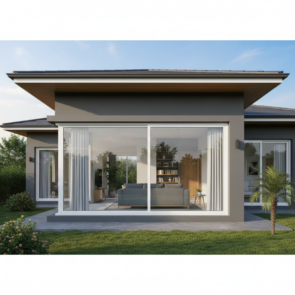 Pintu kaca UPVC modern warna putih terpasang pada rumah minimalis di area Cibarusah.