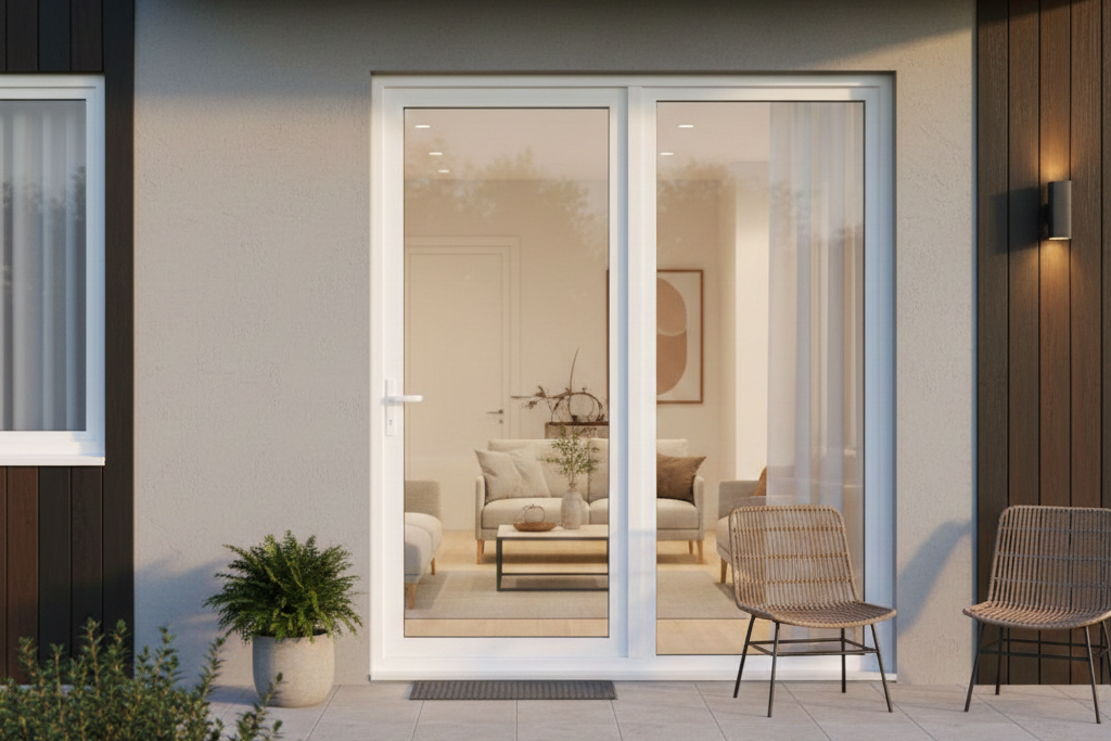 Pemasangan pintu UPVC custom minimalis warna putih untuk area pintu utama rumah modern yang elegan dan kokoh.