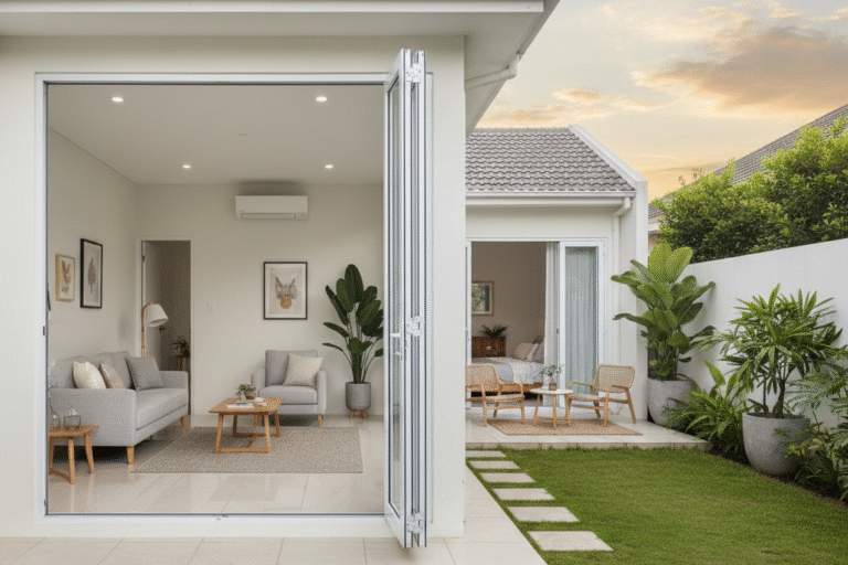 Pintu lipat UPVC putih minimalis terpasang di ruang keluarga menuju taman.