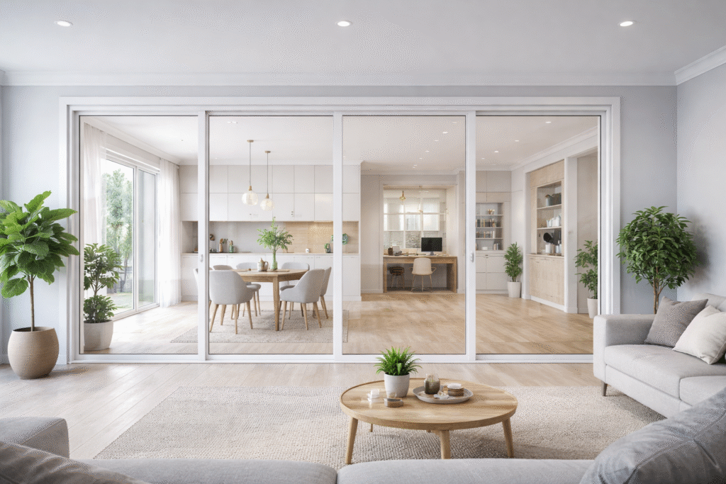 Kusen jendela UPVC partisi dengan desain modern sebagai pembatas ruangan yang rapi dan terang