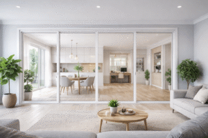 Sekat ruangan menggunakan partisi kaca UPVC untuk kesan rumah yang lebih luas.