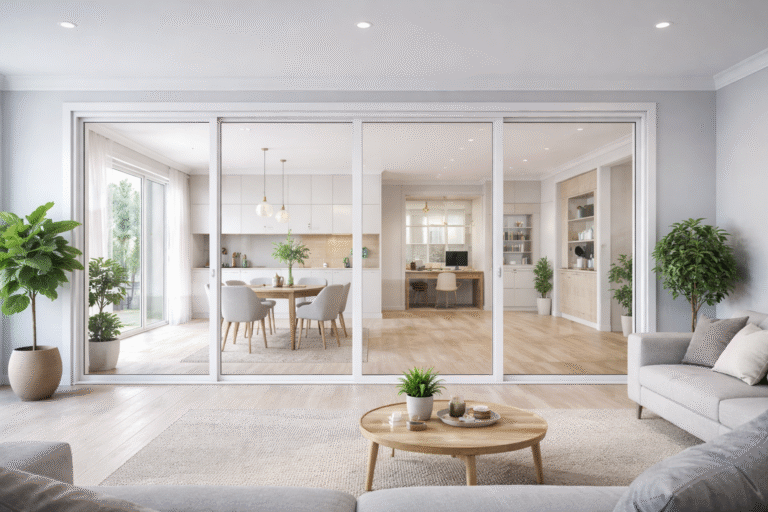 Sekat ruangan menggunakan partisi kaca UPVC untuk kesan rumah yang lebih luas.