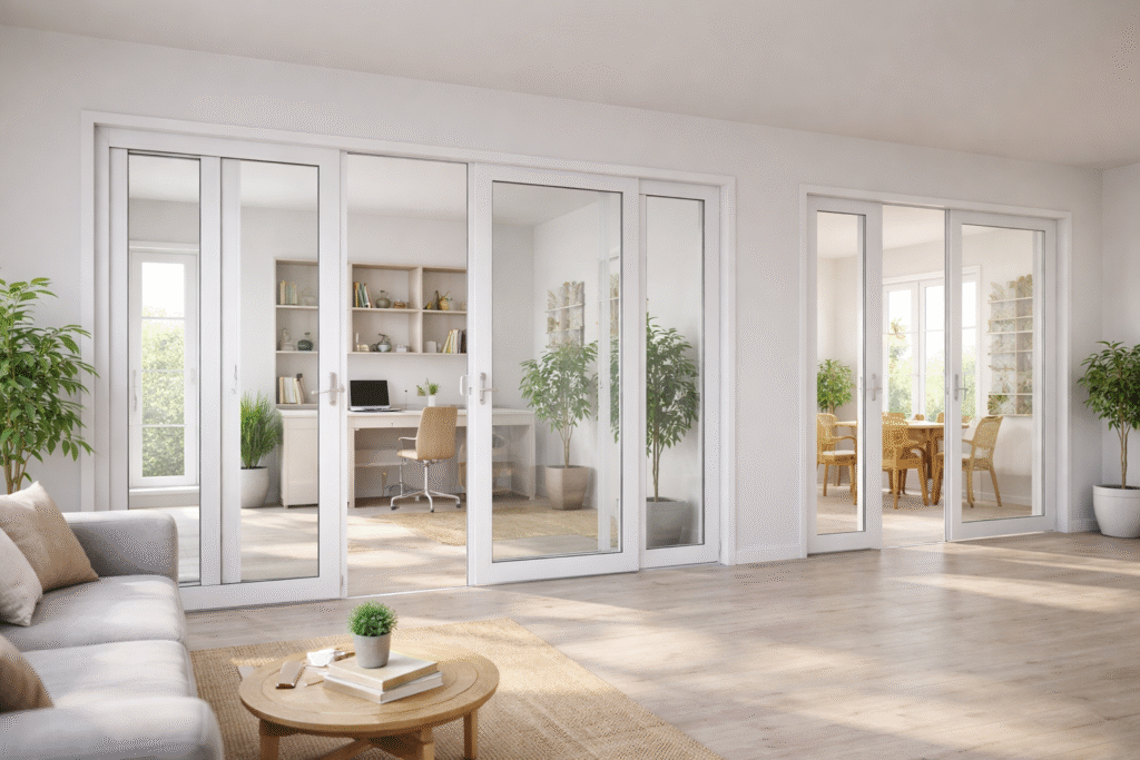 Pintu UPVC Partisi termurah dengan desain modern sebagai pembatas ruangan rumah dan kantor yang rapi dan fungsional.