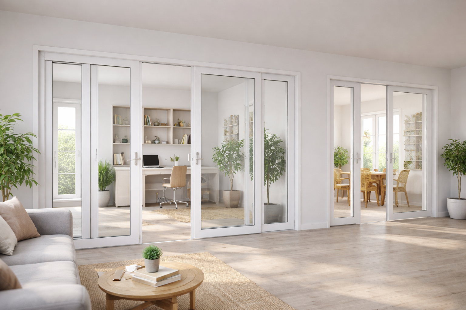 Pintu UPVC minimalis warna putih untuk ruang tamu modern.