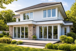 Tampilan jendela UPVC modern warna hitam pada ruang tamu minimalis yang elegan