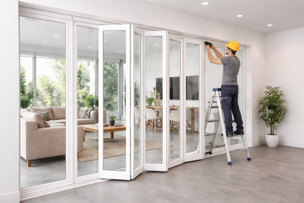 Pintu partisi UPVC minimalis berwarna putih dengan kombinasi kaca, digunakan sebagai pembatas ruangan modern