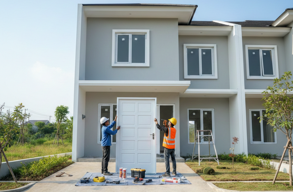 Pemasangan pintu UPVC Alexindo murah model minimalis warna putih oleh tukang profesional di rumah pelanggan.