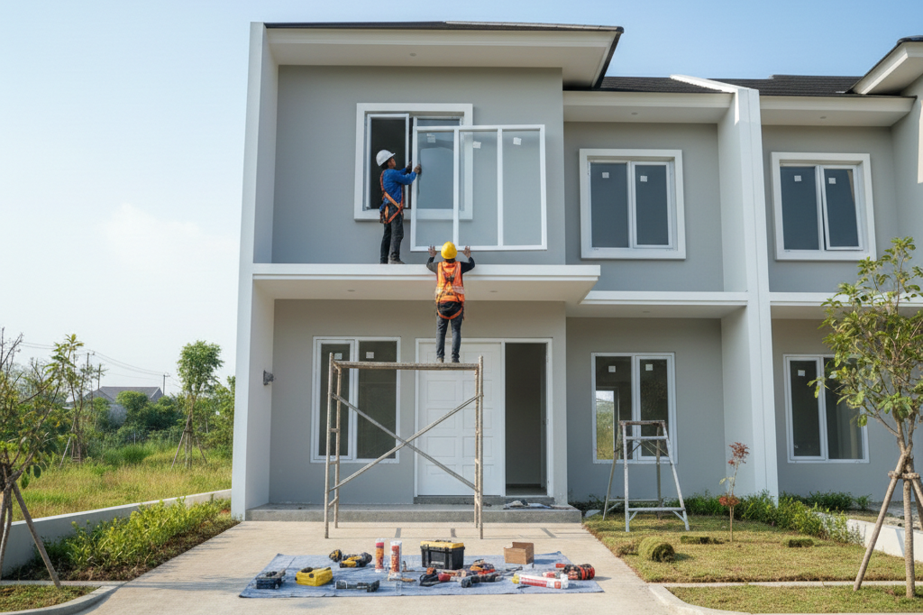 Pemasangan jendela UPVC putih oleh tukang ahli di perumahan Cikarang.
