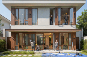 Pintu UPVC motif serat kayu cokelat elegan untuk pintu utama rumah di Tebet.