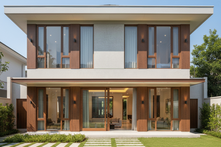 Kusen aluminium Alexindo motif serat kayu jati terpasang pada jendela rumah minimalis modern yang elegan dan mewah.