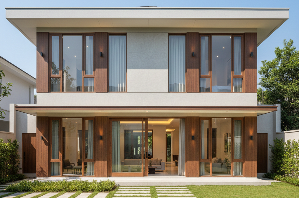 Kusen aluminium Alexindo motif serat kayu jati terpasang pada jendela rumah minimalis modern yang elegan dan mewah.