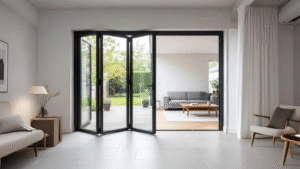 Pintu lipat UPVC putih minimalis yang menghubungkan ruang tamu dengan area taman belakang rumah.
