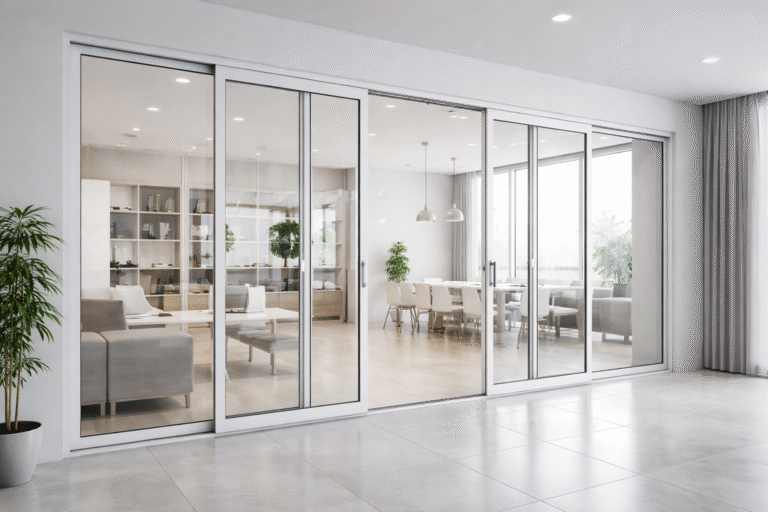 Model pintu partisi UPVC lipat minimalis untuk ruang tamu di Jagakarsa Jakarta Selatan.