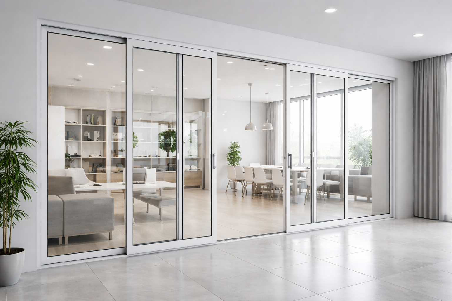 Model pintu partisi UPVC lipat minimalis untuk ruang tamu di Jagakarsa Jakarta Selatan.